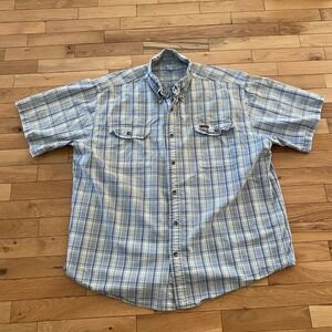 Carhartt Mens 2XL Blue Plaid Short Sleeve Button Down Work Shirt 100% Cotton